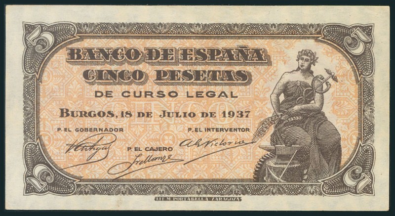 5 Pesetas. 18 de Julio de 1937. Serie C. (Edifil 2017: 424a). EBC.