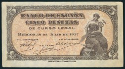 5 Pesetas. 18 de Julio de 1937. Serie C. (Edifil 2017: 424a). MBC+.