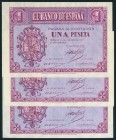 1 Peseta. 12 de Octubre de 1937. Trío correlativo. Serie B. (Edifil 2017: 425a). Apresto original. SC.
