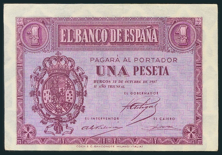 1 Peseta. 12 de Octubre de 1937. Serie E. (Edifil 2017: 425a). SC-.