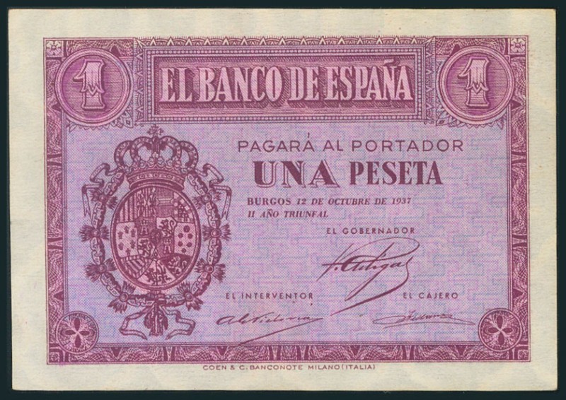 1 Peseta. 12 de Octubre de 1937. Serie F, última serie emitida. (Edifil 2017: 42...