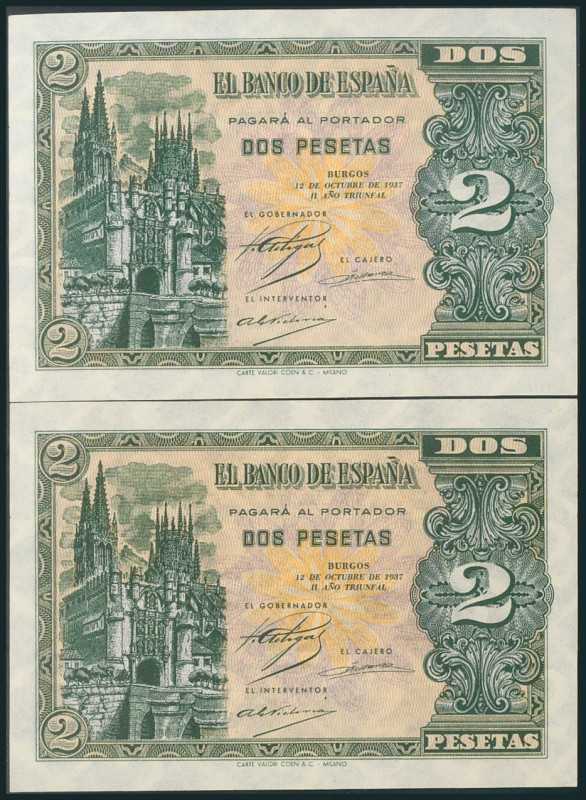 2 Pesetas. 12 de Octubre de 1937. Pareja correlativa. Serie A. (Edifil 2017: 426...