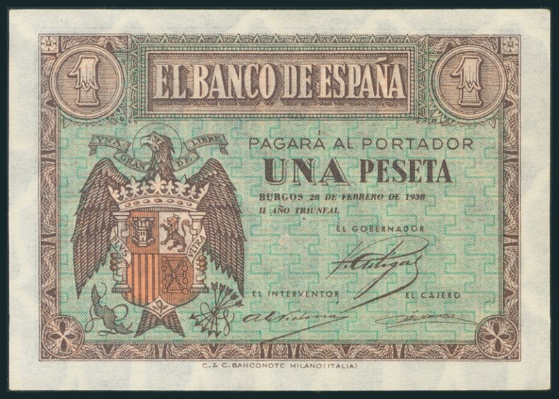 1 Peseta. 28 de Febrero de 1938. Serie B. (Edifil 2017: 427a). SC-.