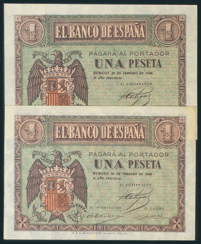 Conjunto de 2 billetes de 1 Peseta emitidos el 28 de Febrero de 1938 con las ser...