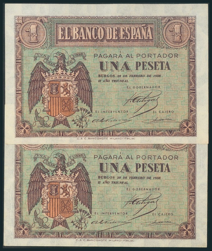 1 Peseta. 28 de Febrero de 1937. Pareja correlativa. Serie G, rara. (Edifil 2017...