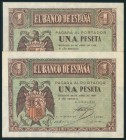 1 Peseta. 30 de Abril de 1938. Pareja correlativa. Serie A. (Edifil 2017: 428). Uno de los billetes pliegue natural del papel. SC-/EBC-.