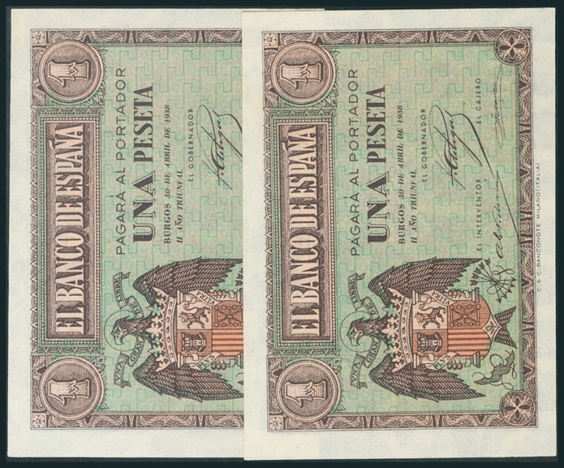 1 Peseta. 30 de Abril de 1938. Pareja correlativa. Serie D. (Edifil 2017: 428a)....