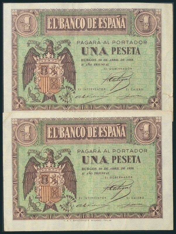 1 Peseta. 30 de Abril de 1938. Pareja correlativa. Serie N, última serie emitida...