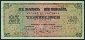 25 Pesetas. 20 de Mayo de 1938. Serie B. (Edifil 2017: 430a). Apresto original. EBC+.