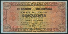 50 Pesetas. 20 de Mayo de 1938. Serie A. (Edifil 2017: 431). Conserva buena parte del apresto original. MBC+.