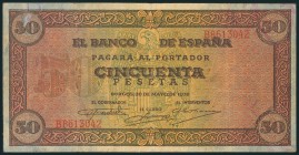 50 Pesetas. 20 de Marzo de 1938. Serie B. (Edifil 2017: 431a). Pequeña claridad. RC.