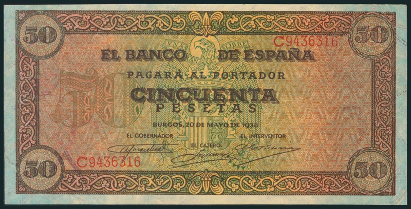 50 Pesetas. 20 de Mayo de 1938. Serie C. (Edifil 2017: 431a). Apresto original. ...