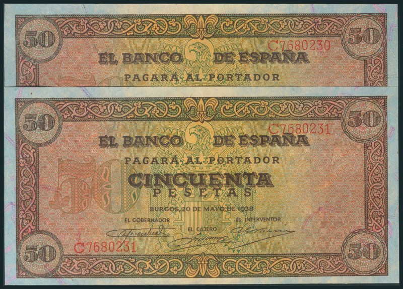 50 Pesetas. 20 de Mayo de 1938. Pareja correlativa. Serie C. (Edifil 2017: 431a)...