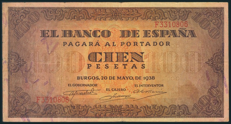 100 Pesetas. 20 de Mayo de 1938. Serie F. (Edifil 2017: 432a). BC+.