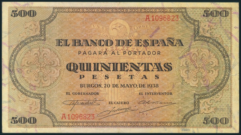 500 Pesetas. 20 de Mayo de 1938. Serie A. (Edifil 2017: 433). Conserva parte del...