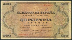 500 Pesetas. 20 de Mayo de 1938. Serie A. (Edifil 2017: 433). Conserva parte del apresto original. EBC-.