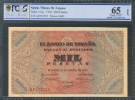 1000 Pesetas. 20 de Mayo de 1938. Serie A. (Edifil 2017: 434). Apresto original. Encapsulado PCGS 65OPQ. SC.