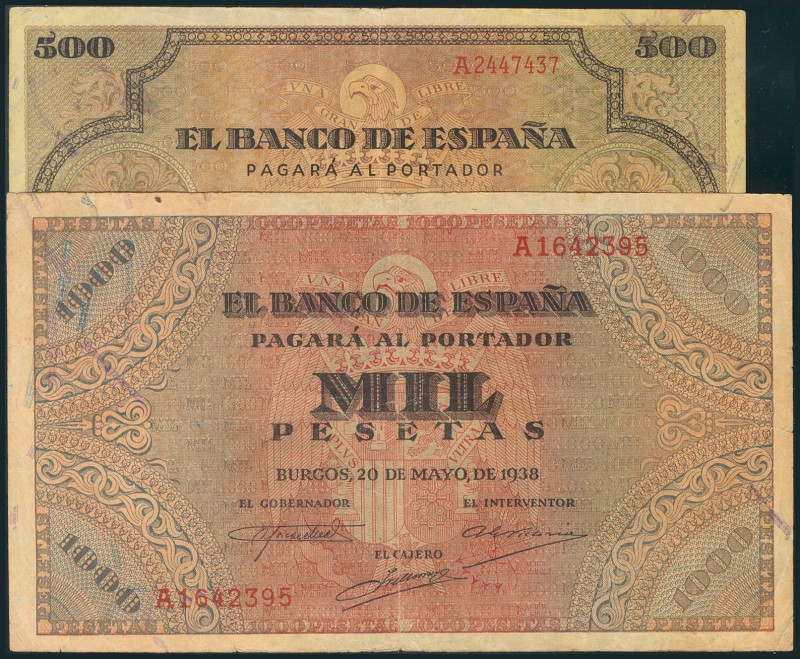 500 Pesetas y 1000 Pesetas. 20 de Mayo de 1938. Serie A, ambos. (González: 433, ...