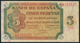 5 Pesetas. 10 de Agosto de 1938. Serie B. (Edifil 2017: 435a). EBC+.