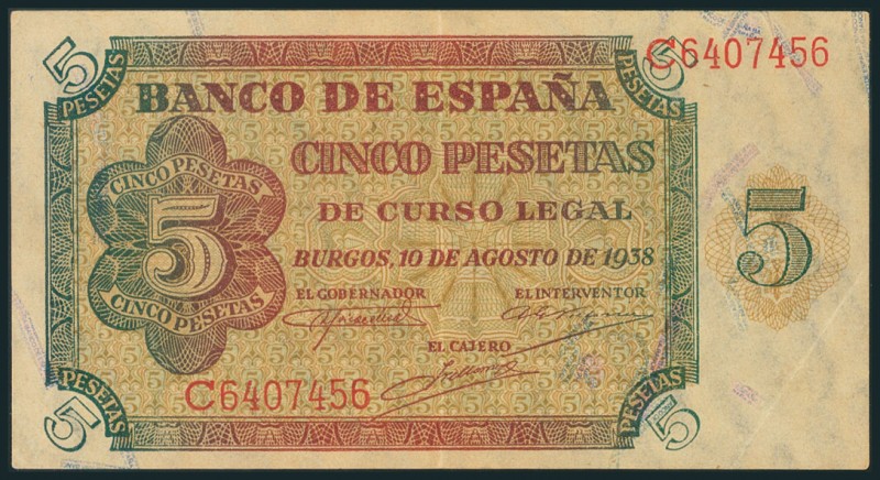 5 Pesetas. 10 de Agosto de 1938. Serie C. (Edifil 2017: 435a). EBC.