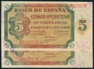 5 Pesetas. 10 de Agosto de 1938. Pareja correlativa. Serie E. (Edifil 2017: 435a). Apresto original. SC-.