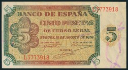 5 Pesetas. 10 de Agosto de 1938. Serie L, última serie emitida. (Edifil 2017: 435a). SC.