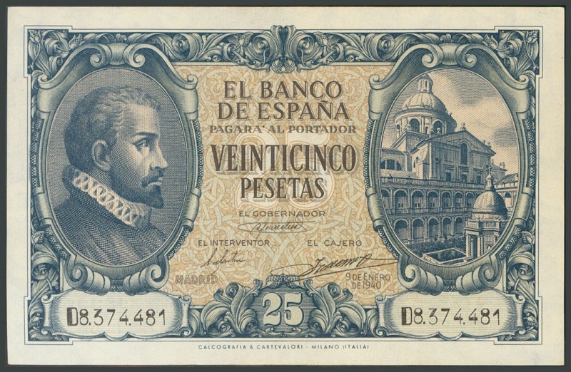 25 Pesetas. 9 de Enero de 1940. Serie D. (Edifil 2017: 436a). Apresto original y...