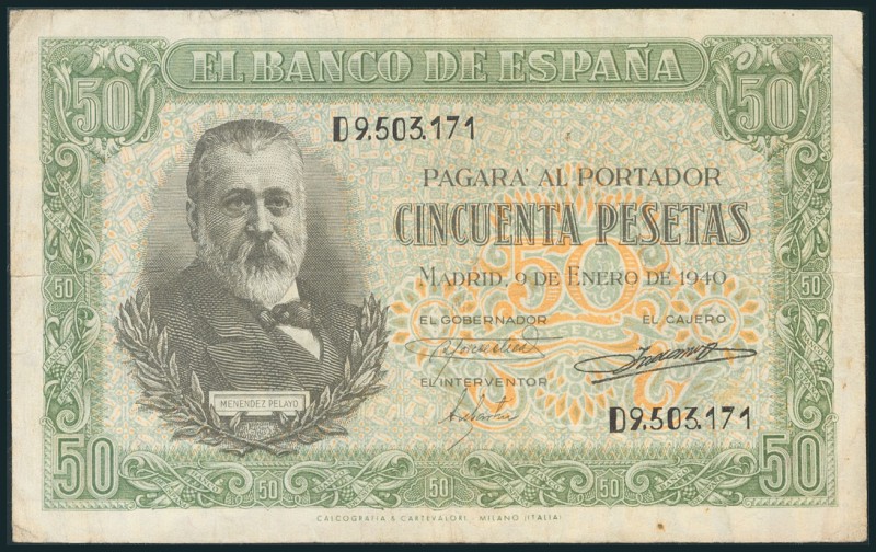 50 Pesetas. 9 de Enero de 1940. Serie D. (Edifil 2017: 437a). MBC.