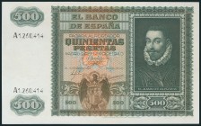 500 Pesetas. 9 de Enero de 1940. Serie A. (Edifil 2017: 439). Conserva gran parte del apresto original. EBC+.