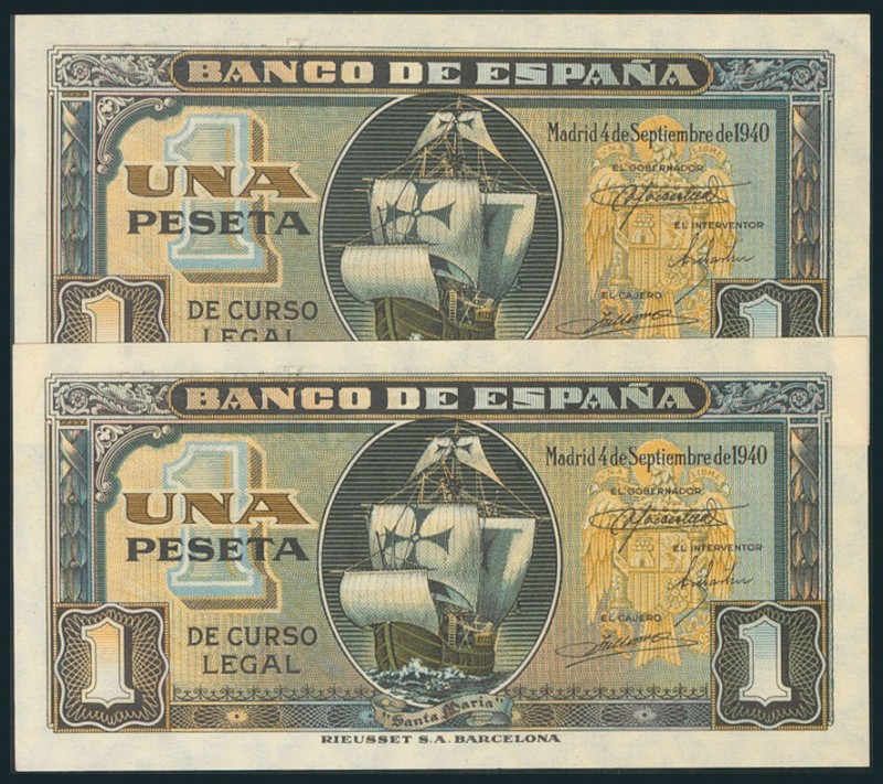 1 Peseta. 4 de Septiembre de 1940. Pareja correlativa. Serie F. (Edifil 2017: 44...