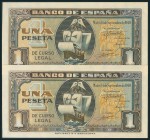 1 Peseta. 4 de Septiembre de 1940. Pareja correlativa. Serie G. (Edifil 2017: 442a). SC-.