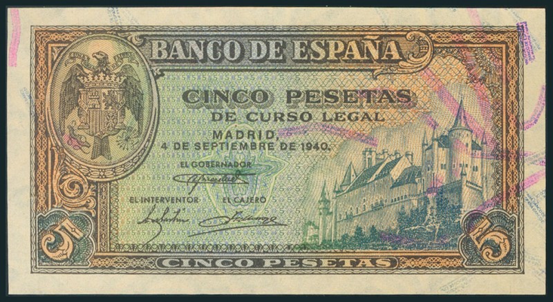 5 Pesetas. 4 de Septiembre de 1940. Serie E. (Edifil 2017: 443a). Apresto origin...