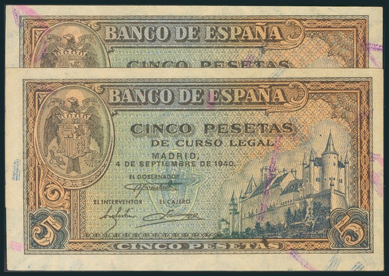 5 Pesetas. 4 de Septiembre de 1940. Pareja correlativa. Serie G. (Edifil 2017: 4...