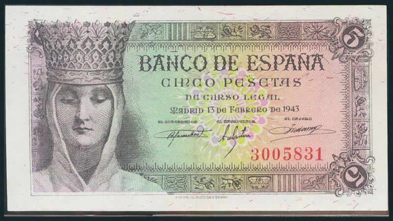 5 Pesetas. 13 de Febrero de 1943. Sin serie. (Edifil 2017: 446). SC.