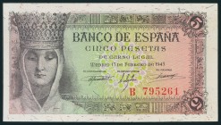 5 Pesetas. 13 de Febrero de 1943. Serie B. (Edifil 2017: 446a). Apresto original. SC.