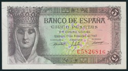 5 Pesetas. 13 de Febrero de 1943. Serie C. (Edifil 2017: 446a). EBC+.