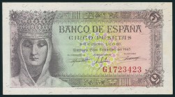 5 Pesetas. 13 de Febrero de 1943. Serie G. (Edifil 2017: 446a). Conserva apresto original. EBC+.