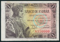 1 Peseta. 21 de Mayo de 1943. Sin serie y numeración 835000, curiosa. (Edifil 2017: 447). EBC+.