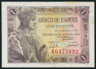 1 Peseta. 21 de Mayo de 1943. Serie A. (Edifil 2017: 447a). Sombrita de óxido en la parte superior derecha. EBC.