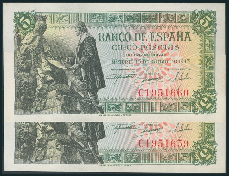 5 Pesetas. 15 de Junio de 1945. Pareja correlativa. Serie C. (Edifil 2017: 449a)...