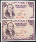 25 Pesetas. 19 de Febrero de 1946. Pareja correlativa. Serie H. (Edifil 2017: 450a). Apresto original. SC-.