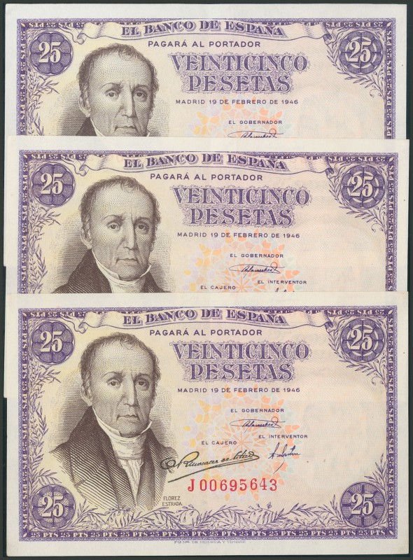 25 Pesetas. 19 de Febrero de 1946. Trío correlativo. Serie J. (Edifil 2017: 450a...