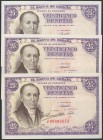 25 Pesetas. 19 de Febrero de 1946. Trío correlativo. Serie J. (Edifil 2017: 450a). Apresto original. EBC+.