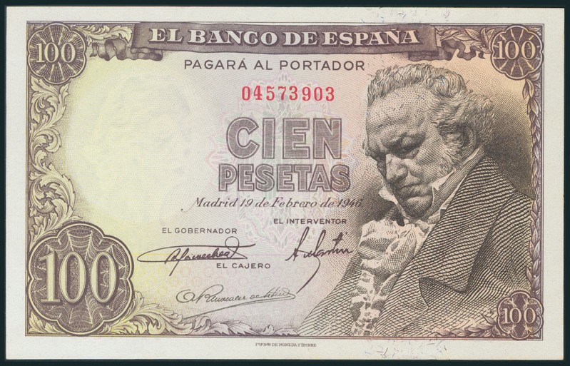 100 Pesetas. 19 de Febrero de 1946. Sin serie. (Edifil 2017: 451). EBC+.