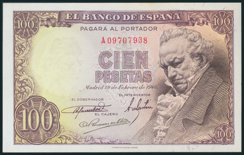 100 Pesetas. 19 de Febrero de 1946. Serie A. (Edifil 2017: 451a). Unicamente pre...