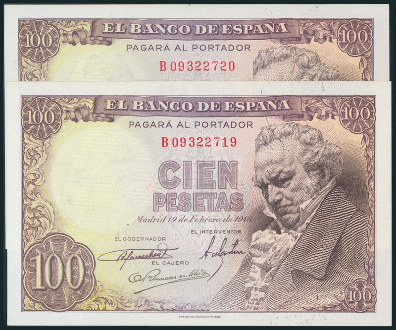 100 Pesetas. 19 de Febrero de 1946. Pareja correlativa. Serie B. (Edifil 2017: 4...