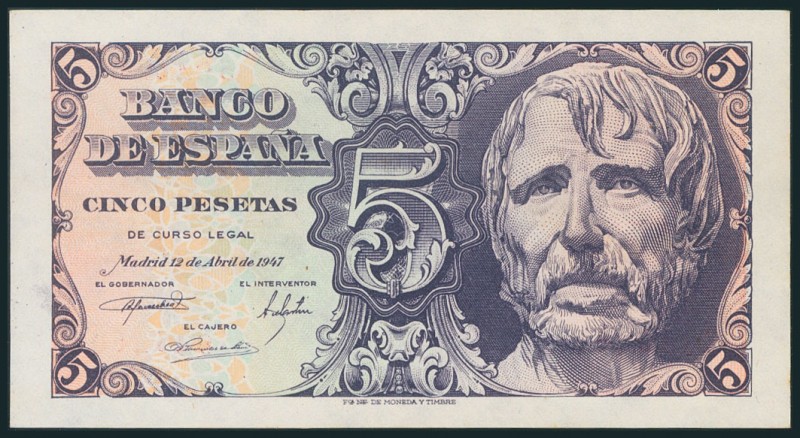 5 Pesetas. 12 de Abril de 1947. Sin serie. (Edifil 2017: 454). SC.