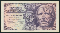 5 Pesetas. 12 de Abril de 1947. Sin serie. (Edifil 2017: 454). Apresto original. EBC+.