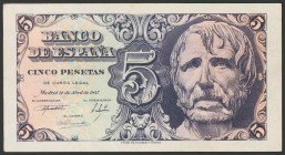 5 Pesetas. 12 de Abril de 1957. Sin serie. Invisibles sombritas del tiempo. (Edifil 2017: 454). EBC+.
