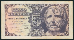 5 Pesetas. 12 de Abril de 1947. Sin serie. (Edifil 2017: 454). MBC.